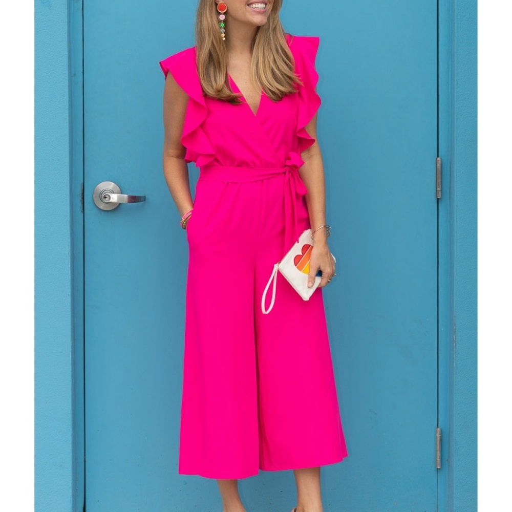 Women’s Ruffle Sleeve Wide-Leg Jumpsuit - Hot Pink